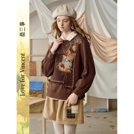 两三事梵高文艺冰滴星芒2025秋冬新款花卉毛织拼接刺绣套头卫衣女 商品图0