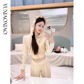 余潇潇【里约漫步】优质丝绒时髦收腰短款外套&螺纹腰头直筒裤套装