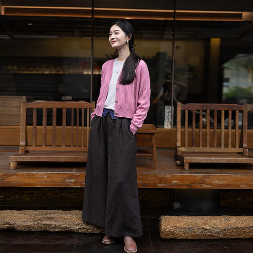 绽放593朵/加厚色织亚麻拼提花翻边半腰松紧阔腿裤松弛感休闲裤女 商品图1