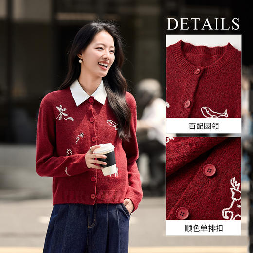 【内购】【福宝灵兽】通勤聚会圆领单排扣刺绣图案含绵羊毛超弹厚开衫毛衣-W54EB3810 商品图3