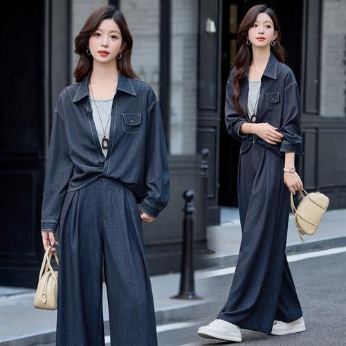 港风复古牛仔套装，慵懒风宽松休闲衬衫阔腿裤两件套HR-YLFS9058 商品图2