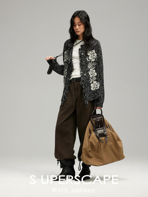 素舶 牦牛绒绵羊毛柔软细腻混色花朵提花撞色流苏小香针织开衫 商品图4