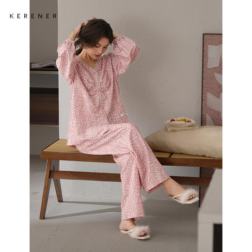 可人儿春秋季带bra泡泡绵女士长袖长裤睡衣可外出小众家居服套装 商品图2