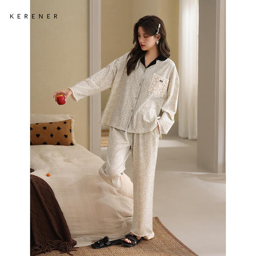 可人儿春秋季带胸垫奥力棉女士长袖长裤睡衣可外出纯棉家居服套装 商品图3
