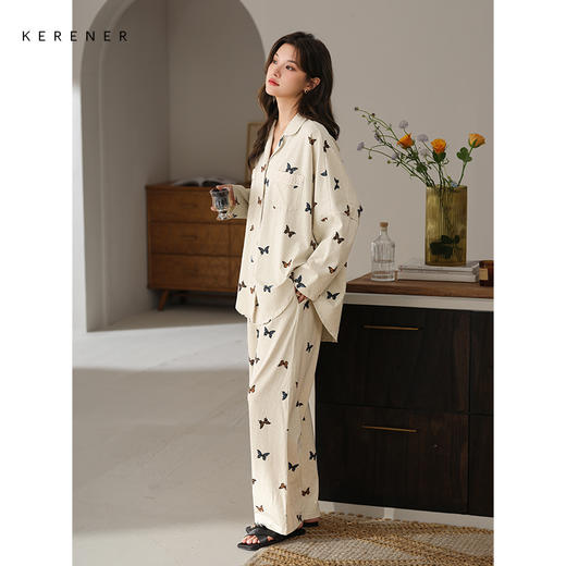 可人儿春秋季带bra奥力棉女士长袖长裤睡衣纯棉可外穿家居服套装 商品图3