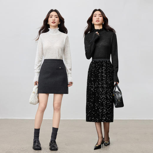 【内购】【含绵羊毛】优雅通勤木耳边高领橡筋喇叭袖微透弹力针织衫-W53HI3520 商品图2