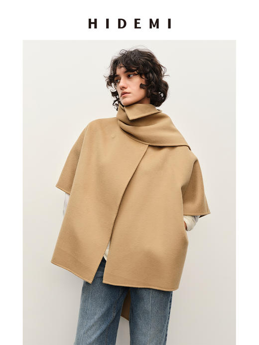 HIDEMI 美利奴双面羊毛围巾式设计感大廓形中长款大衣 商品图2
