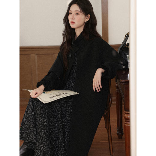 鹿向南「墨雨碎花」黑色长袖碎花连衣裙女秋季新款高腰设计感长裙 商品图4