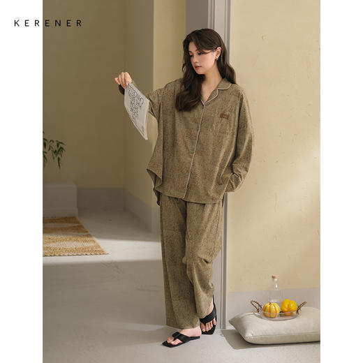 可人儿春秋季带胸垫奥力棉女士长袖长裤睡衣可外出纯棉家居服套装 商品图2