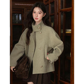 鹿向南「云涧风栖」绿色短款毛呢短款外套女秋季新款宽松气质上衣