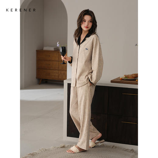 可人儿春秋季带胸垫奥力棉女士长袖长裤睡衣可外出纯棉家居服套装 商品图3