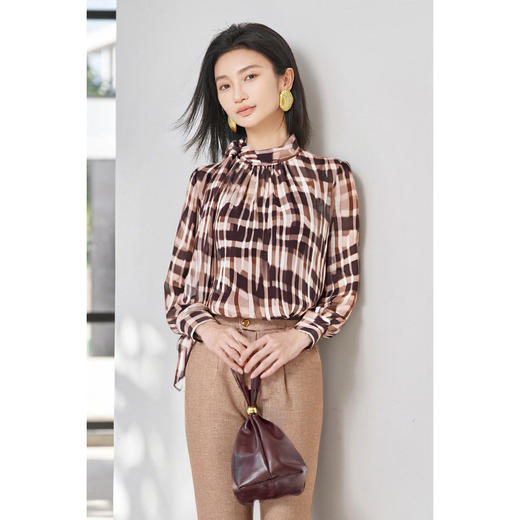 剩S/M/L 米思阳2026春新款优雅复古风格纹立领衬衫宽松舒适上衣女3432 商品图1