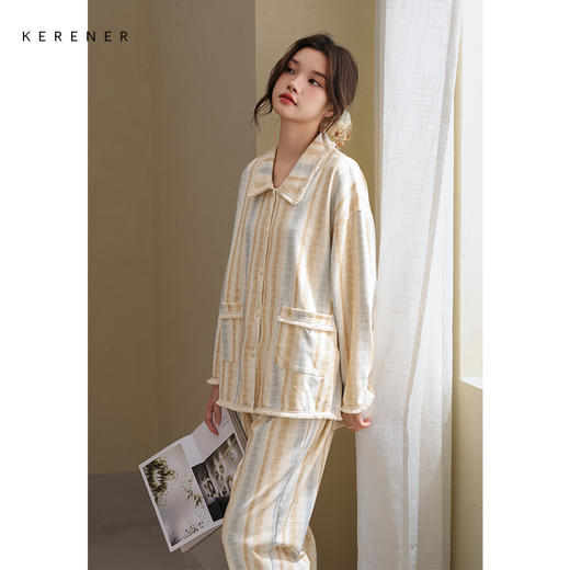 可人儿春秋季带胸垫奥力棉女士长袖长裤睡衣可外出纯棉家居服套装 商品图1