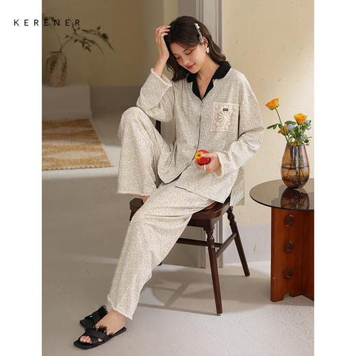 可人儿春秋季带胸垫奥力棉女士长袖长裤睡衣可外出纯棉家居服套装 商品图1