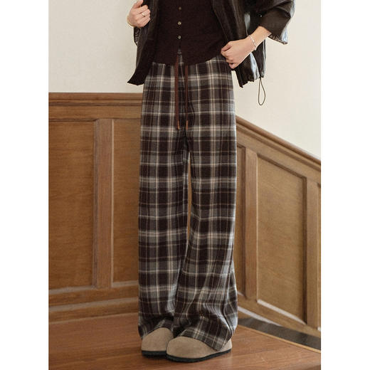 鹿向南「巧克栗」咖色格子高腰休闲裤女秋季新款宽松慵懒直筒长裤 商品图3