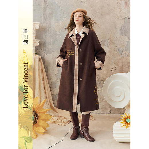 【暖冬内购】两三事梵高文艺诗页漫游2025秋冬新款复古格纹拼接刺绣毛呢外套女 商品图0