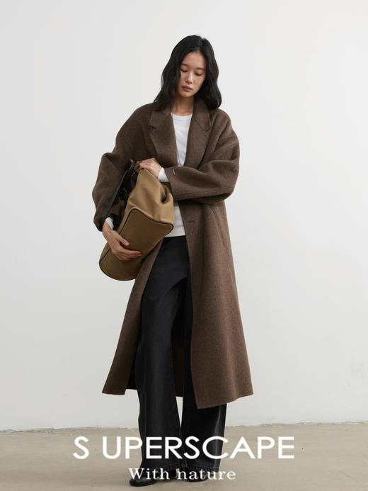 素舶 高支全羊毛翻驳领落肩天然牛角扣宽松超长款气质双面呢大衣 商品图2