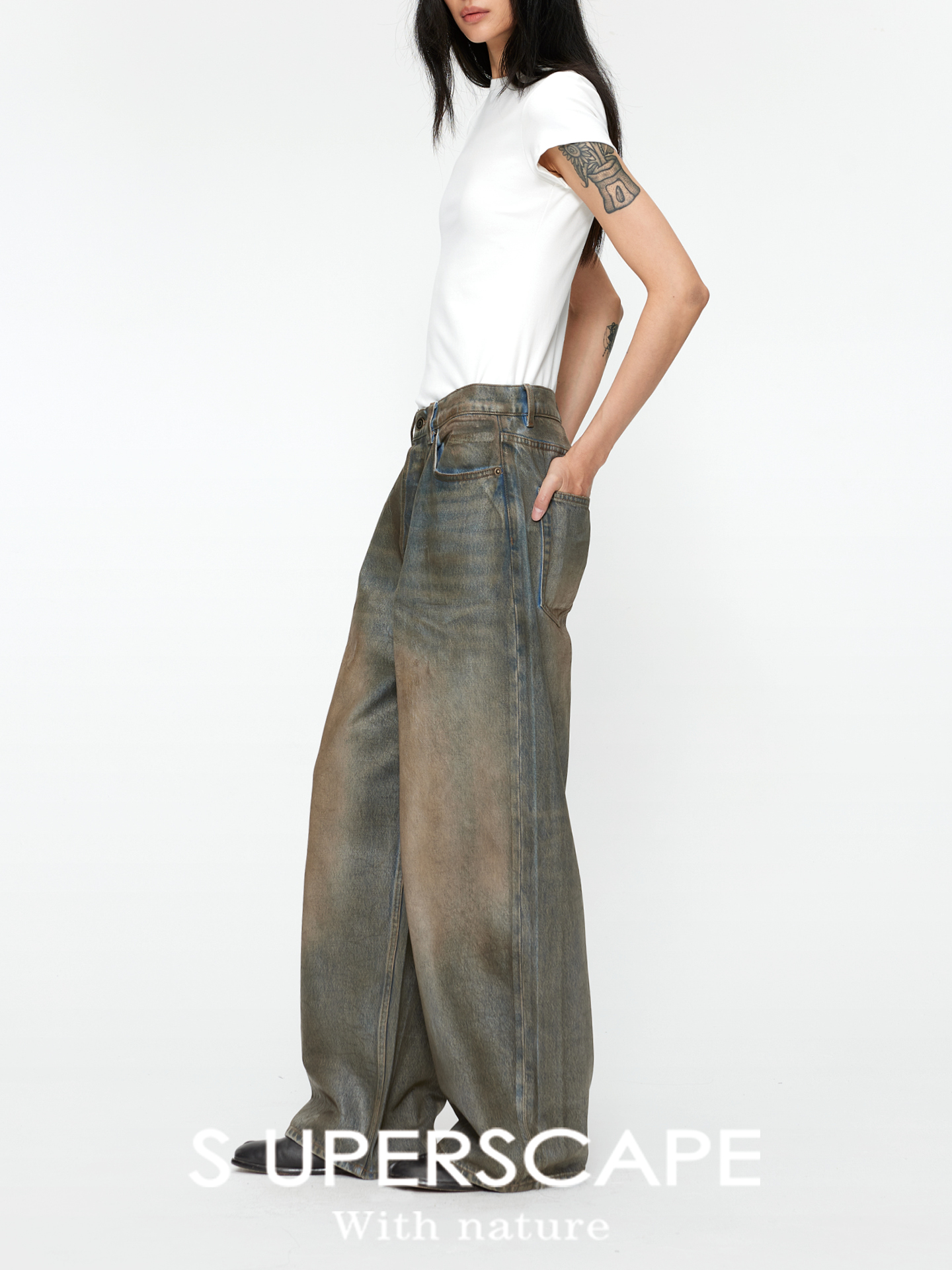 素舶 S2 阔腿直筒牛仔裤 纯手工裂纹涂层 怀旧脏染脏脏裤