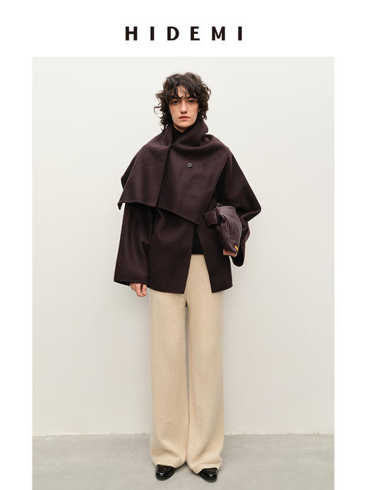 HIDEMI 深咖色分体披肩式纽扣设计感美利奴羊毛双面呢大衣外套女 商品图3