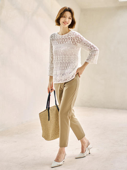 23区日系秋季通勤直筒全棉圆领套头镂空针织衫手工编织衫商场同款 商品图1