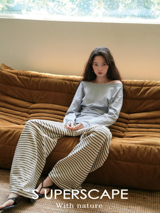 素舶 天然肌理棉舒适垂感撞色条纹宽松阔腿抽绳慵懒风卫裤长裤女 商品图2