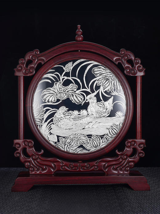 子佩集S999银手工银花丝【鸳鸯戏水】双面旋转花丝台屏【YYXSHATP】大师工坊原创设计2508 商品图1