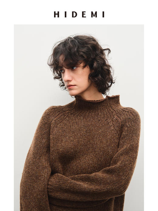 HIDEMI美利奴羊毛巧克力花纱立领极简厚款套装 毛衣/茧型半裙 商品图3