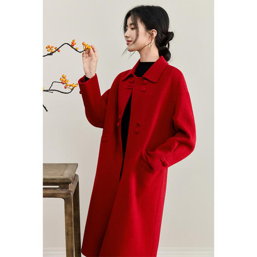 【内购】【绵羊毛】优雅通勤翻领国风一字盘扣宽松落肩保暖长款双面呢大衣-W54OC3440 商品图2