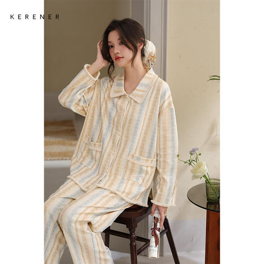 可人儿春秋季带胸垫奥力棉女士长袖长裤睡衣可外出纯棉家居服套装 商品图3