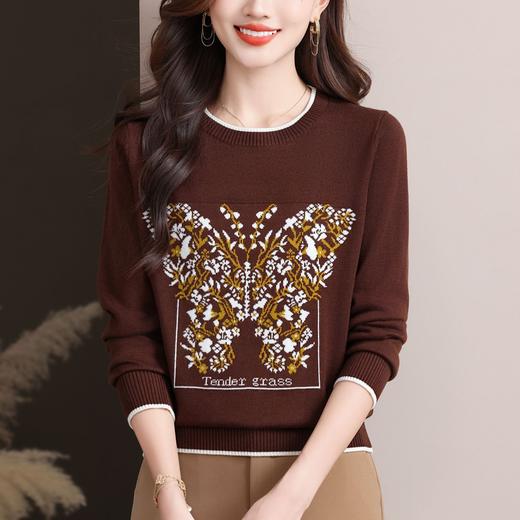 蝴蝶提花圆领针织衫， 复古风长袖显瘦套头百搭毛衣上衣CC-89-855 商品图1