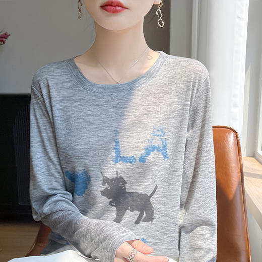 奥伊米初秋百搭100%天丝初秋圆领小狗印花薄款打底衫YTMA120 商品图4