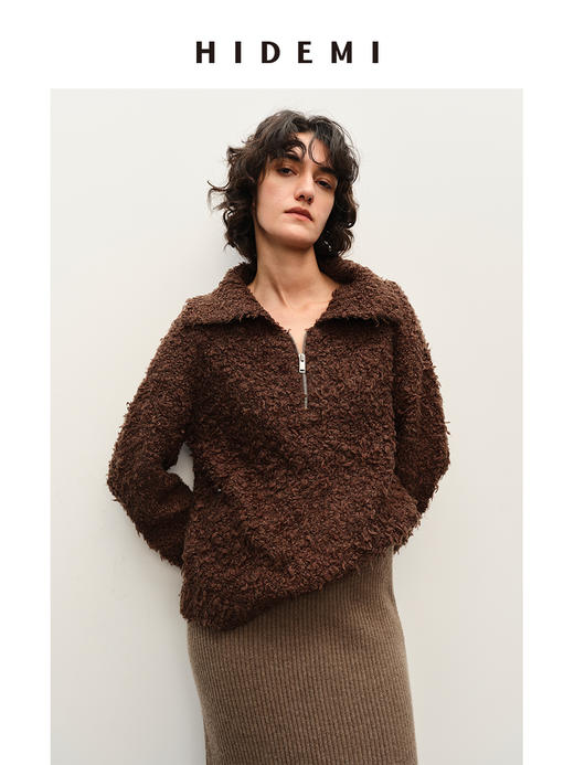 HIDEMI 长毛拉毛羊毛混纺做旧感粗针拉链设计感翻领毛衣 商品图4