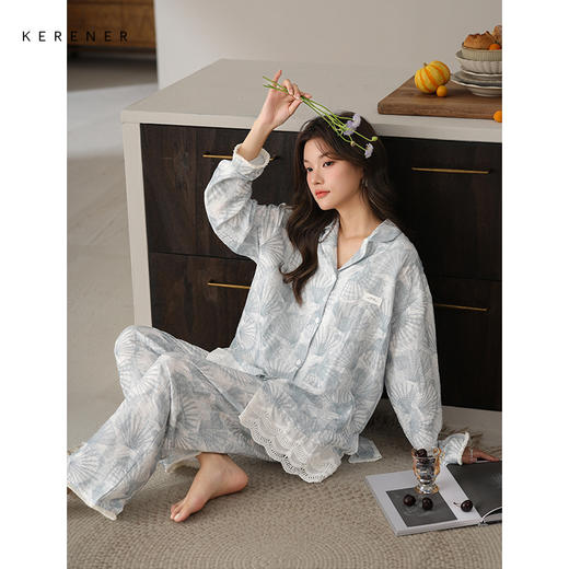 可人儿春秋季带胸垫泡泡绵女士长袖长裤睡衣可外出小众家居服套装 商品图2