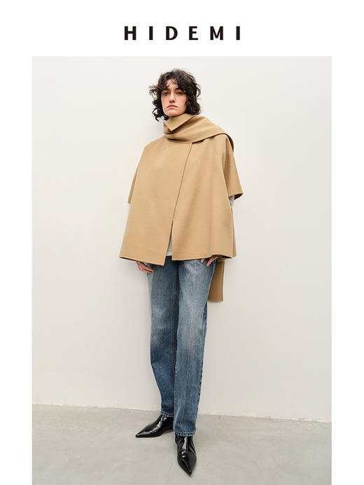 HIDEMI 美利奴双面羊毛围巾式设计感大廓形中长款大衣 商品图4