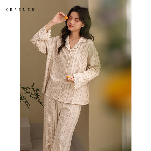 可人儿春秋季带胸垫奥力棉女士长袖长裤睡衣可外出纯棉家居服套装 商品图2