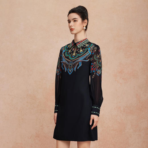 QG803斯尔丽25新款时尚减龄复古贵气印花衬衣领大身H型薄纱袖子连衣裙 商品图1