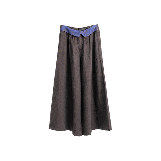 绽放593朵/加厚色织亚麻拼提花翻边半腰松紧阔腿裤松弛感休闲裤女 商品图4