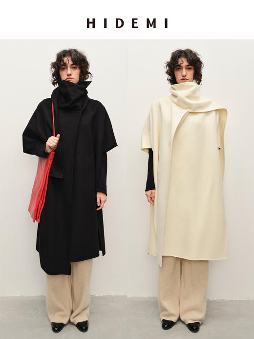 HIDEMI 简约设计感围巾式大廓形斗蓬双面呢大衣 黑色/奶白色 商品图0
