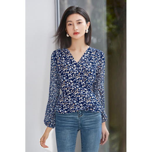 剩S/M/L 米思阳2026春季新款优雅减龄碎花衬衫收腰显瘦V领上衣女4291 商品图2