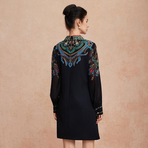 QG803斯尔丽25新款时尚减龄复古贵气印花衬衣领大身H型薄纱袖子连衣裙 商品图2