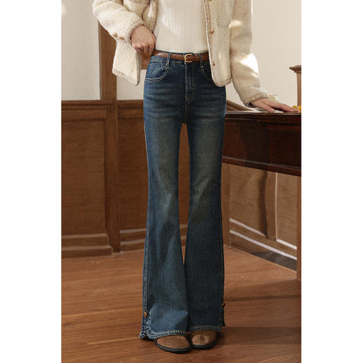 鹿向南「米露星绽」复古水洗蓝色牛仔裤女初秋微喇垂感显瘦直筒裤 商品图3