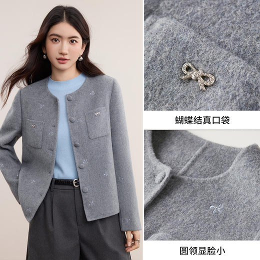 【内购】【56支绵羊毛】小香风通勤圆领包扣蝴蝶结绣花双面呢短款厚外套-W54OE8760 商品图3