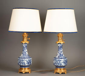 独角鹿西洋古董19世纪法国出品铜鎏金饰中国青花瓷瓶灯一对