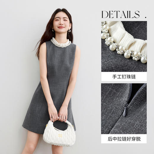 【内购】【手工钉珠】小香风木耳边领立裁收腰显瘦短款呢子无袖背心连衣裙-153LP3344 商品图3