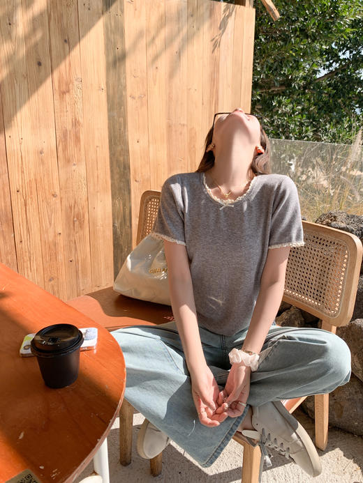 <曾小咸推荐>蕾丝边蝴蝶结拼接短袖针织衫T恤 商品图8