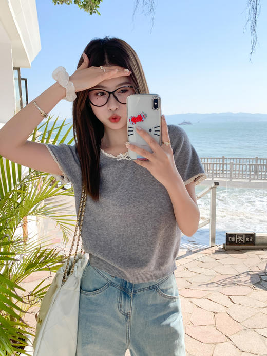 <曾小咸推荐>蕾丝边蝴蝶结拼接短袖针织衫T恤 商品图5