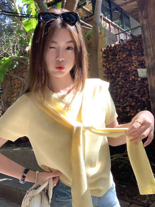 <曾小咸推荐>现货秒杀！微信超特价！设计感3色带披肩短袖针织衫两件套 日常149.99 立减60 秒杀89.99！ 商品图10