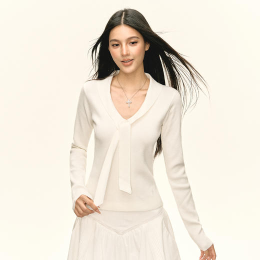 Ariseism 美式复古设计感白色领带针织毛衣女秋季新款修身上衣 商品图3