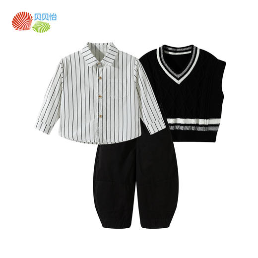 贝贝怡春秋季新款男童针织马甲条纹衬衫休闲长裤三件套ZB3ET060 商品图5