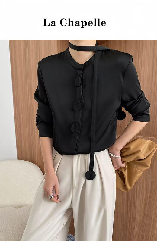 会员福利【飘带衬衫+垂坠顺滑】拉夏贝尔/La Chapelle法式垂感缎面立体花朵飘带设计感长袖衬衫 商品图12